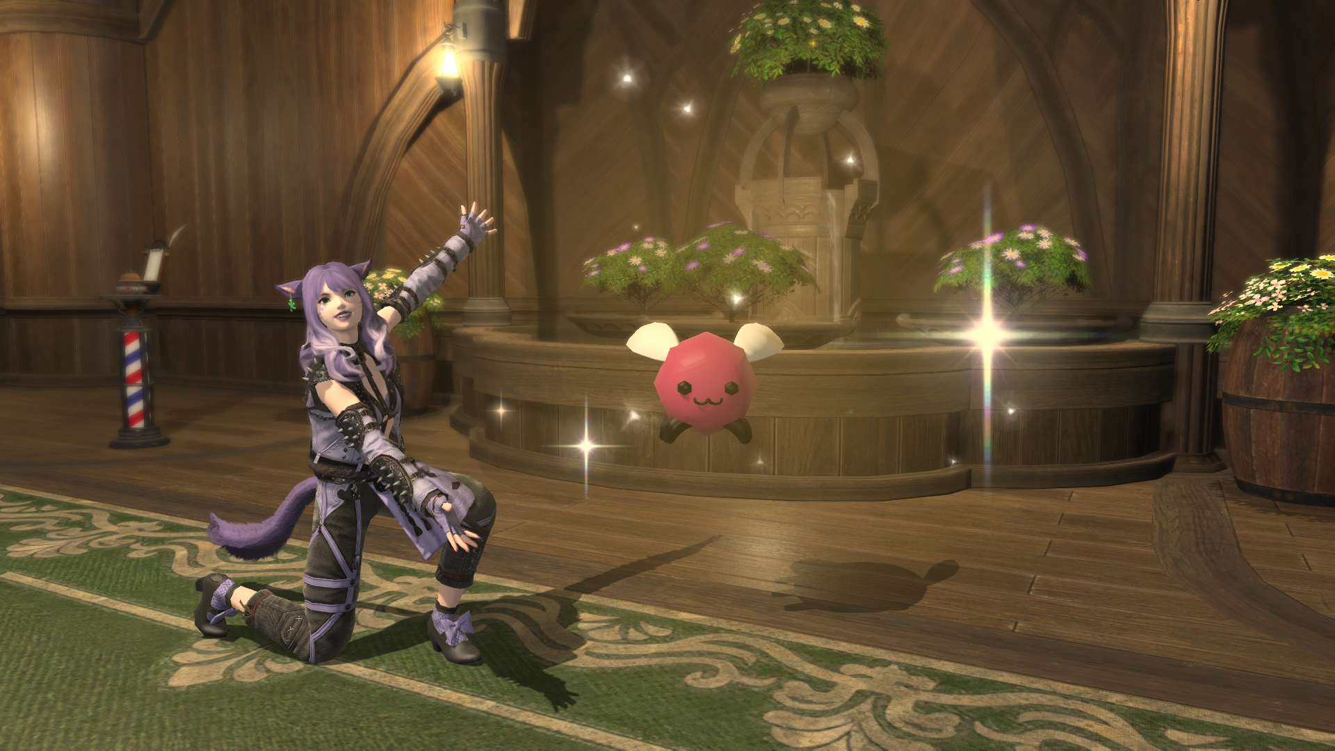 a purple haired catgirl /showleft-ing to highlight eggbug floating in the air